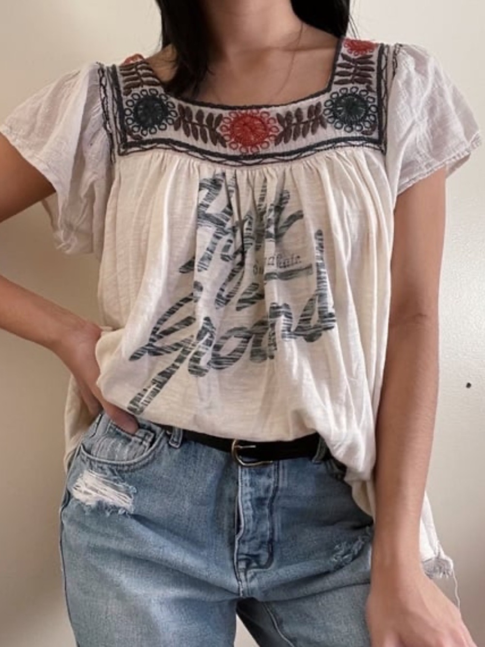 NWT Free People 100% Cotton Higher Ground Embroidered Graphic Tee, Ivory – Small